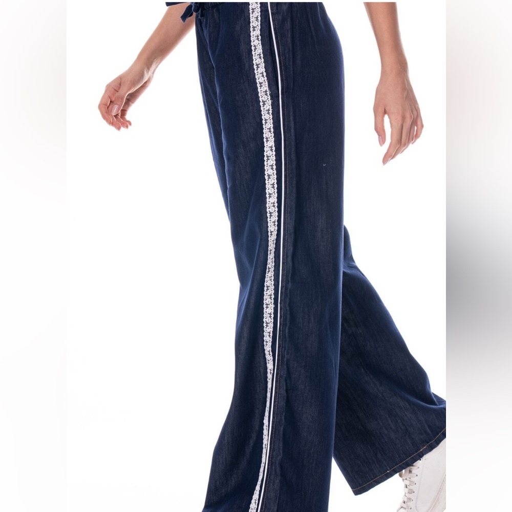 A21. Navy Wide-Leg Denim Pants with White Lace Stripes - Picture 3 of 4